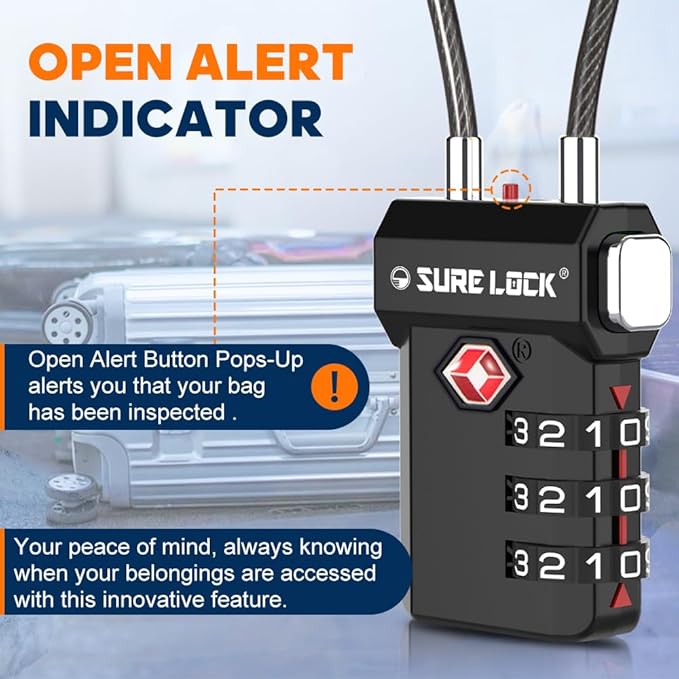 SURE LOCK TSA Approved Luggage Locks with Open Alert Indicator, 3 Digit Combination Cable Travel Lock for Suitcase, Backpack, Gym Locker, Toolbox, Carry On & Travel Bag