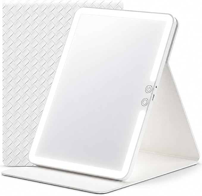 Travel Makeup Mirror with Lights, Portable Lighted Vanity Mirror with 100 LED, Rechargeable, Foldable for Tabletop, 11.9 inches, White