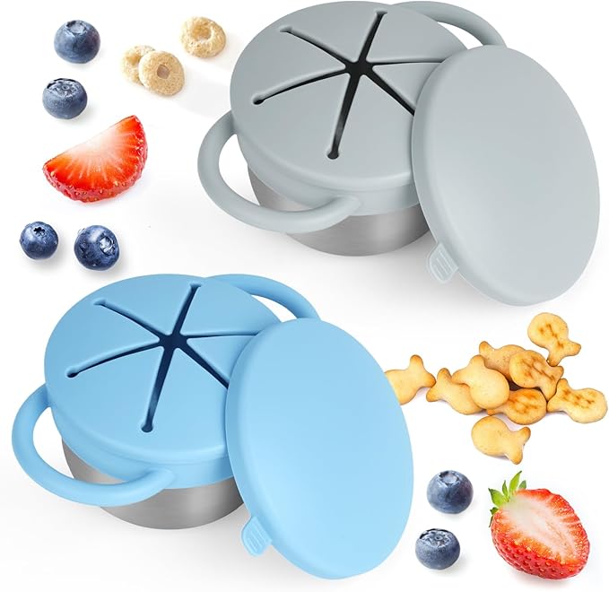 Daximo 2 Pack Snack Cups for Toddlers Spill Proof - Detachable Stainless Steel Toddler Snack Cups with Silicone Lids & Handles - Dishwasher Safe Snack Container(Matte Blue and Matte Green)
