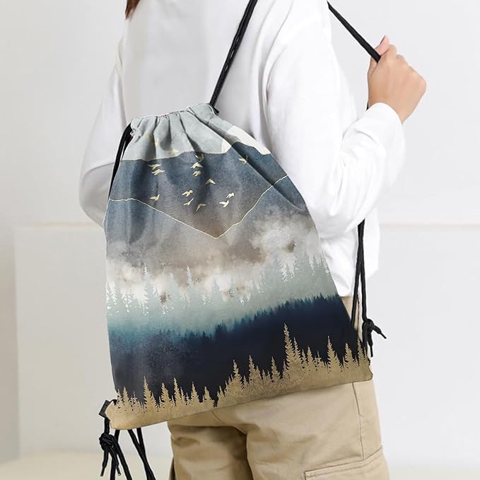 Drawstring Backpack Draw String Sports Bags for Gym Travel Beach Waterproof Cute Sackpack Men Women Aesthetic (13"×17")-Forest