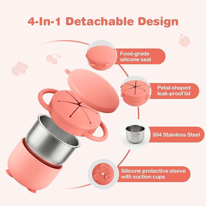 Daximo 2 Pack Toddler Snack Cups with Suction Base — 4-in-1 Detachable Stainless Steel Cups, Snack Cups for Toddlers Spill Proof with Silicone Lids & Handles for Mess-Free Snacking
