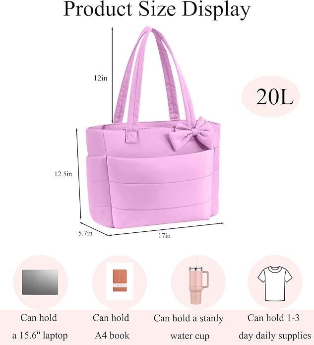 Puffer Tote Bag for Women, Quilted Bow Tote Bag with Cup Holder & 15.6 In Laptop Compartment for Work, Travel, Gym, College