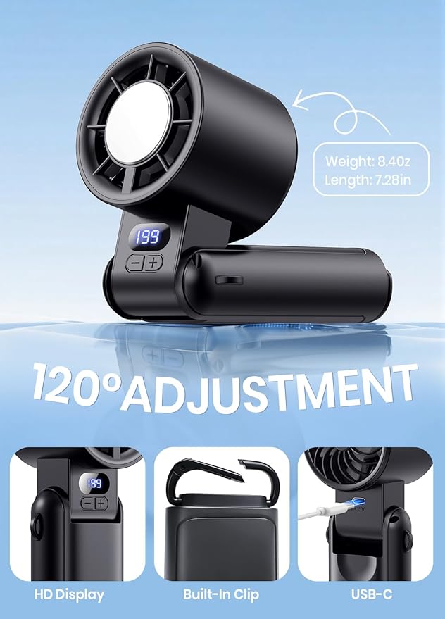 Portable Handheld Turbo Fan, 1-199 Speed Adjustable with LED Display, High-Power Motor, Rechargeable Battery, 4 IN 1 Pocket Design Mini Fans for Indoor/Outdoor/Travel/Work, Black