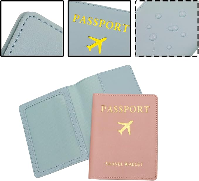 2 Sets Passport Covers Holder and Luggage Tags Set, Leather Travel Luggage Tags Gift for Bridal Shower, Wedding Engagement, Couple Honeymoon Travel(Pink&Blue)