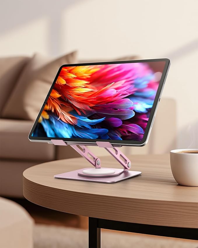 LOXP Metal Tablet Stand, 360 Rotating iPad Stand with Heavy-Duty Base, Tablet Holder Compatible with 4.7-16.9" Device, iPad Pro Air Mini, Kindle, Surface Tablet, Portable Monitors - Purplish Pink