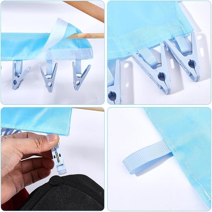 WADORN 4 Pack Travel Hanger Clips, Baseball Cap Hangers with 6 Clips Foldable Clothes Hanger Clip Compact Folding Sock Clip for Swimsuit Towel Underwear Dorms Camping Fits All Size Hangers, Blue