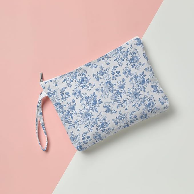 Fokongna Floral Print Wet Bag, Small Portable Waterproof Multi-Functional Organizer for Women, Sky Blue Toile De Jouy,Ideal for Daily, Beach & Travel,