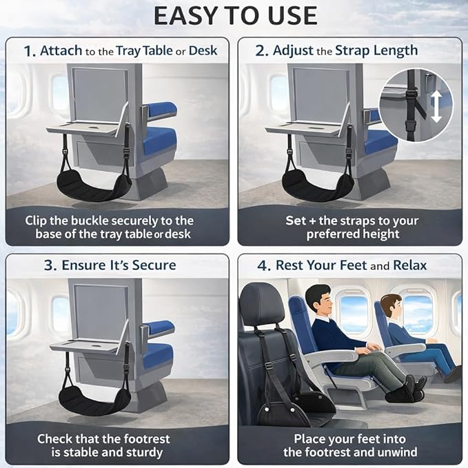 Airplane Foot Hammock for Plane Travel Essentials, Adjustable Foot Rest for Long Flights, Portable Airplane Footrest with Eye Mask & Ear Plugs, 3-in-1 Travel Comfort Kit