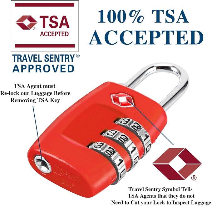 TSA Luggage Locks (4Pack) - 3 Digit Combination Padlocks - Approved Travel Lock for Suitcases & Baggage (Red)
