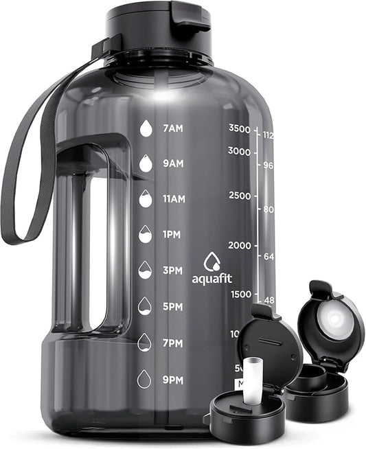AQUAFIT 1 Gallon Water Bottle with Time Marker - Straw & Chug Lid - BPA Free Gym Water Bottle with Straw - Big Gallon Jug (Gray, 128 oz - 2 Lids)