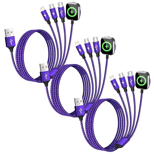 Travel Essentials 4in1 Multi Charging Cable for iPhone Watch Charger,USB A to Dual Type C/IP/iWatch Charger Travel Chargers for Multiple Devices Compatible with iWatch Series&iPhone 17-12 3Packs, 5FT