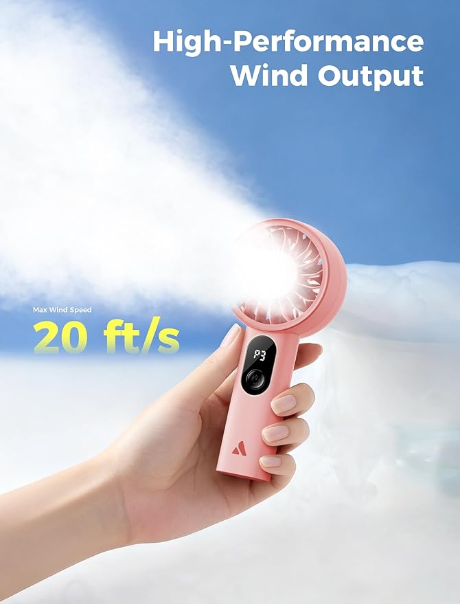 Aecooly Mighty Portable Fan, Powerful Handheld Fan, USB Rechargeable [10H Max Cooling Time], Mini Personal Battery Powered, Pocket for Travel, Summer, Gifts for Women, Girls -Pink
