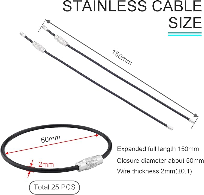 CooBigo 25 Pack Stainless Steel Loops 2mm Coated Wire Keychain Cable Large Key rings 6 inch Key Chain for Women, Luggage Tags, Key Tags, Keyrings, Kitchen utensils, Duster - Black