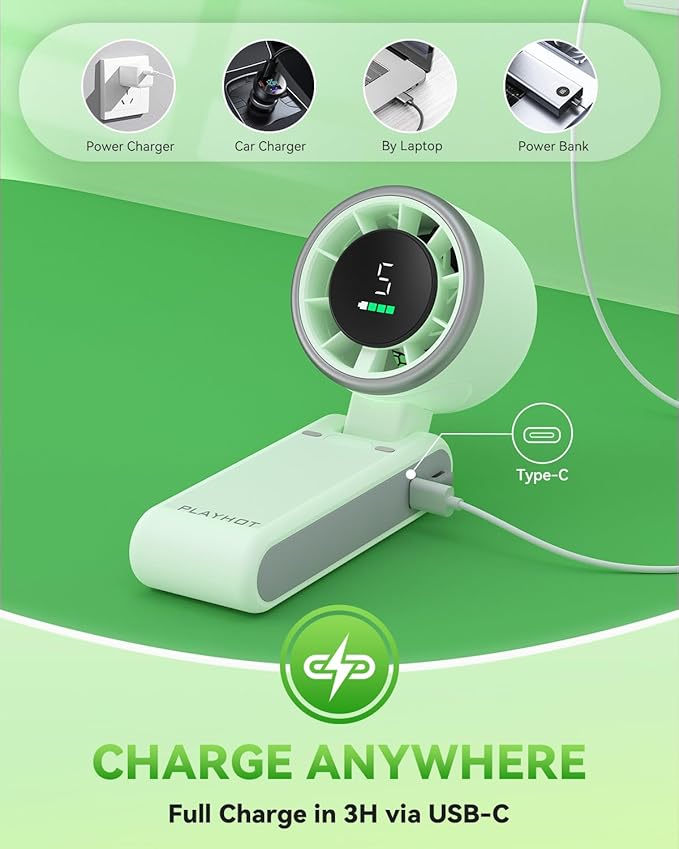 PlayHot Portable Handheld Turbo Fan, 5-Speed Personal Fan, USB-C Rechargeable Fan Up to 12 Hours, 3 IN 1 Hand Fan with Air Turbo Tech Cooling, Travel Fan for Cruise, Beach, Gifts for Women (Green)
