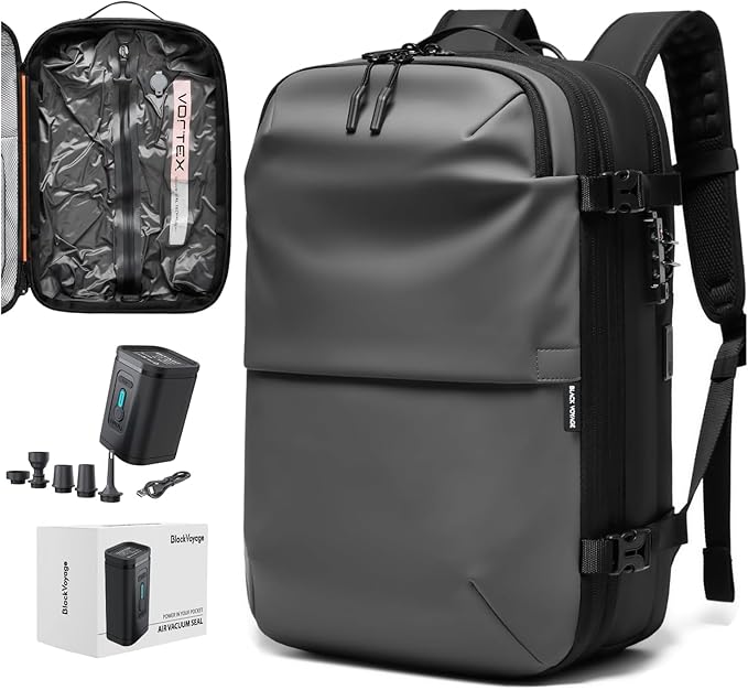 BlackVoyage Vortex Vacuum Seal Travel Backpack 60L Expandable Air Compression System Water Resistant TSA Lock Carry-On