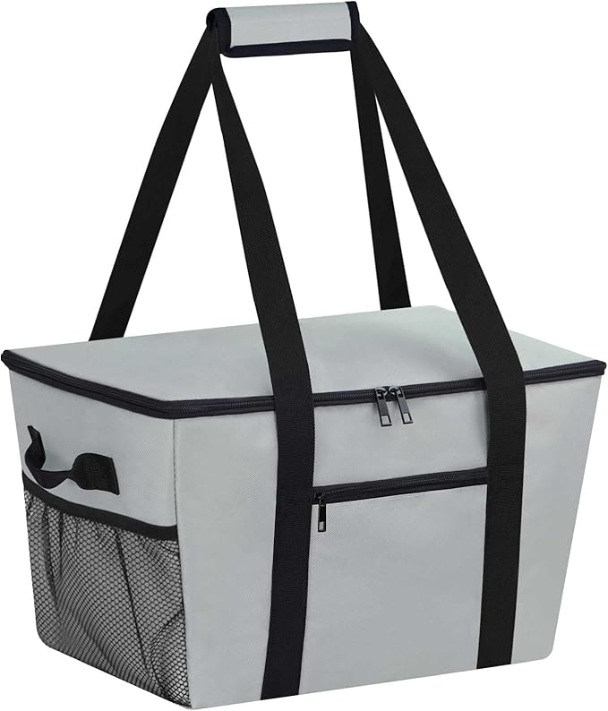 Reusable Grocery Bag – Expandable Insulated Cooler Bag with Bottom Board, Collapsible Insulated Shopping Bag with Zipper & Drawstring, Heavy Duty Tote Bag for Shopping, Delivery, Picnic, Beach
