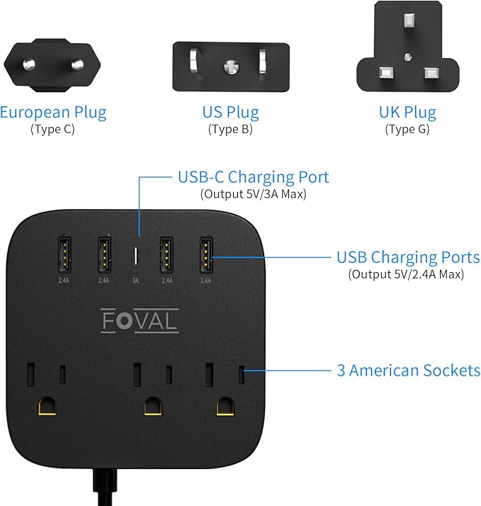 European Travel Plug Adapter, FOVAL EU UK US Power Strip with USB C and 4 USB Ports, 3 AC Outlets, Wall Mountable, 5ft Extension Cord, Compact for Travel, Cruise Ship, Home Office (Black)