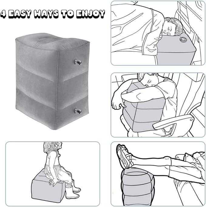 Inflatable Air Travel Foot Rest, Car Back Seat Pillow for Kids, Adjustable Height Leg Pillow for Long Flights, with Air Pump and Easy-Carry Strap, Great for Train, Office, Home (Grey, 2 Pack)