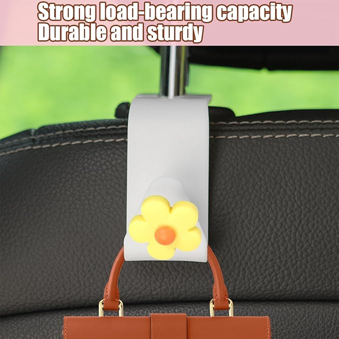 4 PCS Car Headrest Hook, Multifunctional Flower Vehicle Seat Back Storage Hook, Cute Automotive Seatback Organizer Hanger for Purse Grocery Bag Handbag, Universal Fit (Beige/Yellow)