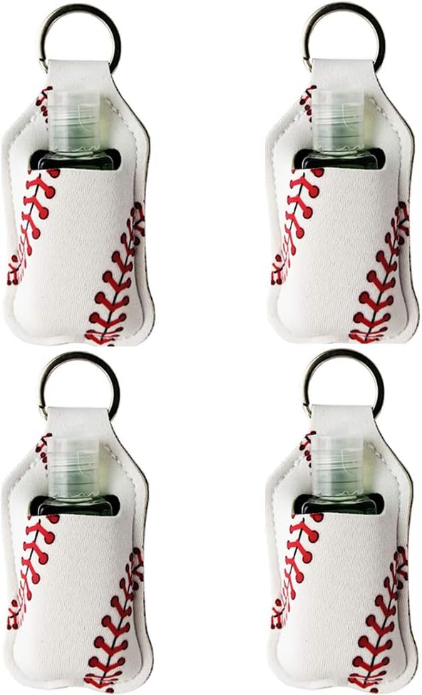 4 Piece Hand Sanitizer Bottle Holder Keyring Neoprene Keychain for 30ML Gym Shampoo Lotion Soap Perfume and Liquids Travel Containers,White Baseball