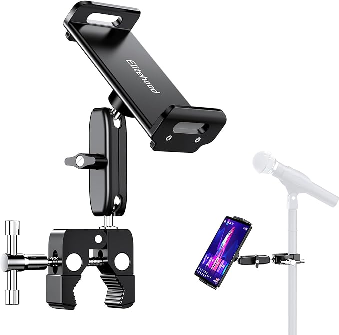 elitehood Aluminum Dual Ball Head Tablet Holder for Mic Stand, Adjustable iPad Mic Stand Holder, Strong Metal iPad Clamp Mount for Aircraft Yoke, Loader, Tractor, Boat, Wheelchair, Stroller, Treadmill