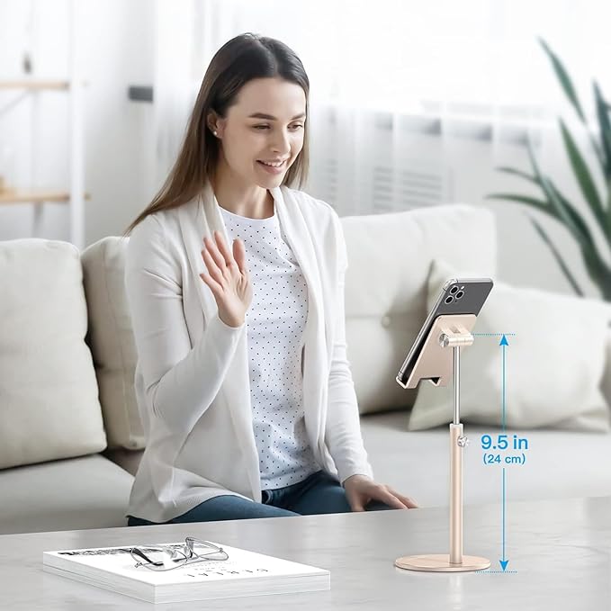OMOTON Cell Phone Stand, Angle Height Adjustable Phone Stand, Aluminum Desktop Phone Holder Dock Stand for Desk, Compatible with iPhone 17 Pro Max, All Smartphones and Tablets(4-11''),Gold