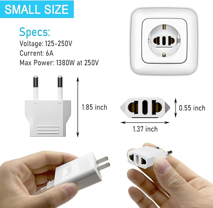 6 Pack European Travel Plug Adapter, US to Europe Plug Adapter, Type C Wall Outlet Converter for Europe, White