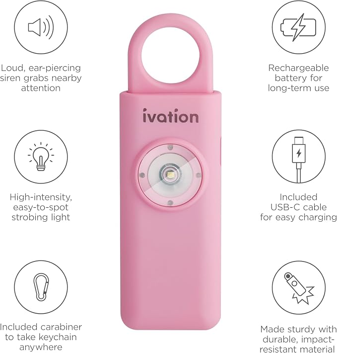 Ivation Personal Rechargeable SOS Alarm, Pocket Size Loud 130dB Sound Safety Siren & LED Panic Strobe Light with Carabiner Keychain Clip for Women, Children & Seniors, Pink