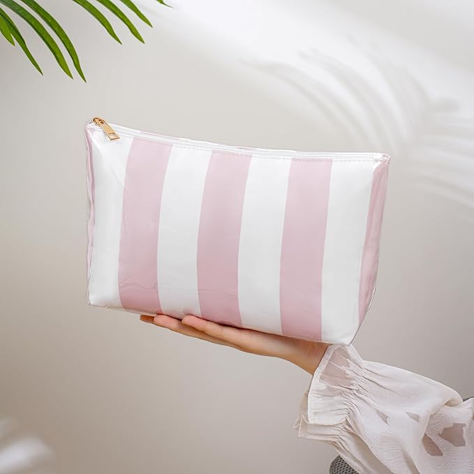 Large PVC Waterproof Striped Makeup Bag,Clear Coated Cosmetic Bags,Easy to Clean,Travel Organizer Zipper Pouch Beach Vacation Essentials for Women Girls(07Dark Blue)