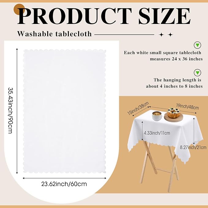 Oudain 2 Pcs Small Tablecloth Washable Fabric Folding TV Tray Table Cloth Polyester Solid Color Nightstand Cover for Bedside Table Side Outdoor Indoor (White,24 x 36 Inch,Lace Edge)