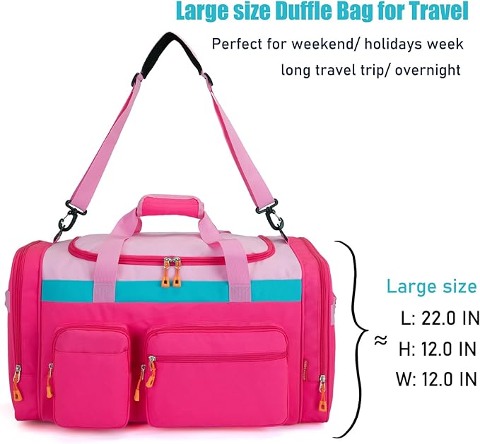 Large Kids Duffle Bag for Travel, Overnight, or Weekender, 22" inch (Pink Rose)