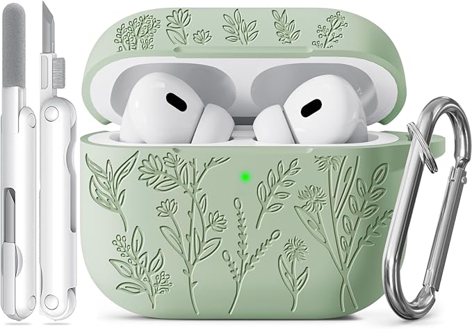 Flower Engraved Case for Apple AirPods Pro 2 Gen with Clean Kit,Soft Silicone Protective Case Cover for AirPod Pro 2nd/1st Generation Keychain,Lanyard,3 Pair Ear Tips,Front LED Visible,Pistachio Green