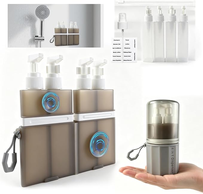 4 in 1 Travel Dispenser，Unbreakable Silicone Travel Dispenser Bottle, Vacuum Suction Wall Mounted Refillable Containers,Leakproof Toiletry Containers for Shampoo, Lotion, Baby Care-Grey.