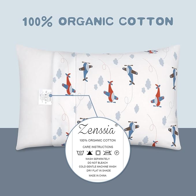 Zenssia Organic Cotton Toddler Pillowcases Pack of 2, 13x18 Inches Travel Pillowcase with Envelope Closure, Soft & Breathable Baby Pillow Case Cover, Airplane