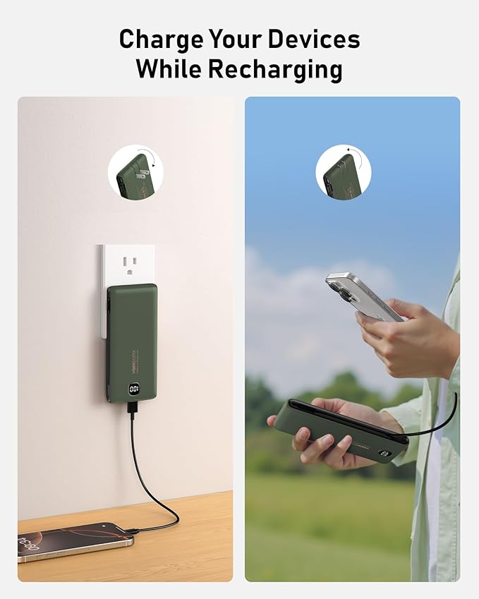 VEEKTOMX Portable Charger with Built in Cables 10000mAh, Power Bank for iPhone with AC Wall Plug, Fast Charging USB C Slim Battery Pack with LED Display Compatible with iPhone 17/16/15, Samsung