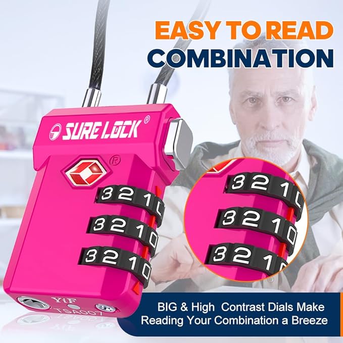 SURE LOCK TSA Approved Luggage Locks with Open Alert Indicator, 3 Digit Combination Cable Travel Lock for Suitcase, Backpack, Gym Locker, Toolbox, Carry On & Travel Bag
