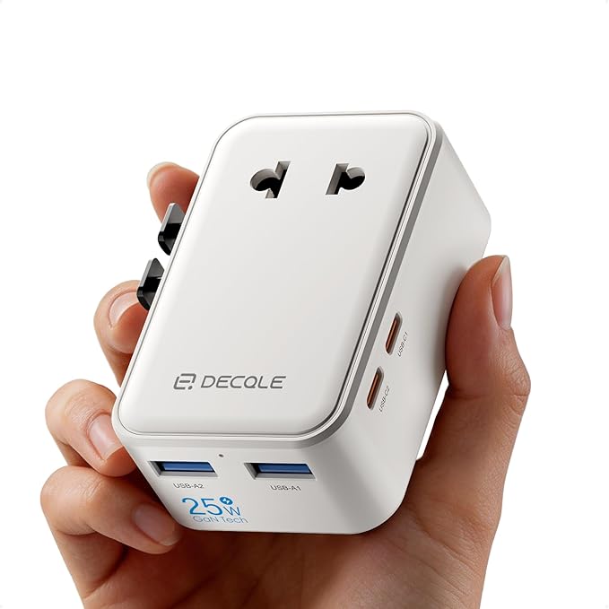 “Air” Universal Travel Adapter, Slim International Travel Plug Adapter with 2 USB-C(PD 25W) ＆ 2 USB-A Ports, All in One Portable Adaptor, for USA, UK, EU, AU ＆ 224+ Countries (White) US