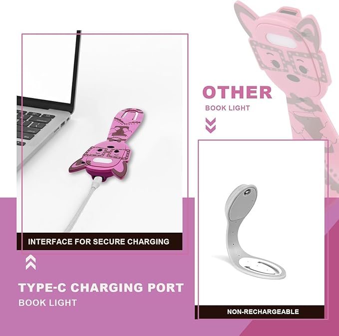 Rechargeable Kids Book Light, Cute Bookmark Reading Light for Kids, Dimmable Portable LED Book Light for Reading in Bed, Eye-Caring Bedtime Reading Lamp for Children & Travel, Pink