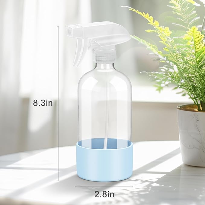 Worldgsb 2 Pack Glass Spray Bottles with Silicone Sleeve, 16 oz Empty Refillable Containers with Adjustable Spray Nozzles, Spray Bottles for Hair, Cleaning Solutions and Plants Blue&Pink