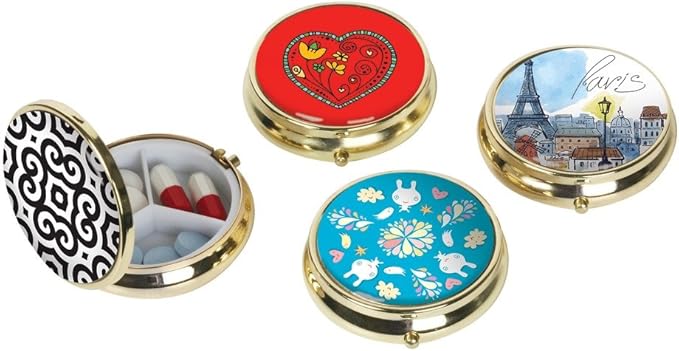 EZY DOSE Fashion Daily Round, Portable On-The-Go Pocket Pharmacy, Pill Box, Organizer and Vitamin Containers, Snap Shut Lids, Perfect For Traveling, Color May Vary, BPA Free