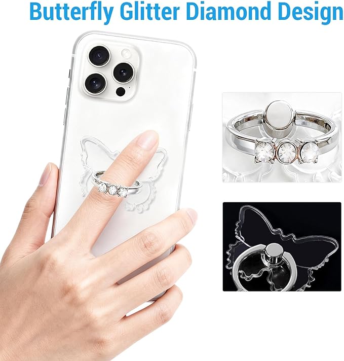 2PcsTransparent Phone Ring Holder Grip, Clear Butterfly Cell Phone Ring Holder Stand with Diamonds,360°Rotation Finger Grip Ring Kickstand Compatible with Most Smartphones,Tablets and Case