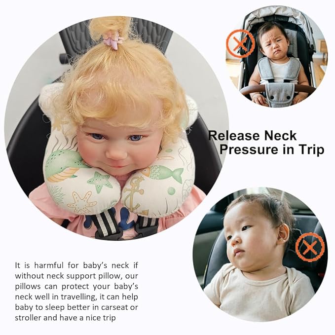 Baby Neck Pillows, Comfortable Baby Travel Head Neck Support Pillow for Car Seat Stroller Pushchair, Soft PP Cotton Travel Pillow for 0-2 Years Old Toddler Infant Newborn, Ocean