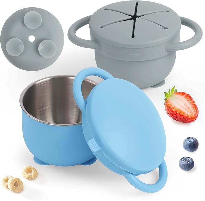 Daximo 2 Pack Toddler Snack Cups with Suction Base — 4-in-1 Detachable Stainless Steel Cups, Snack Cups for Toddlers Spill Proof with Silicone Lids & Handles for Mess-Free Snacking