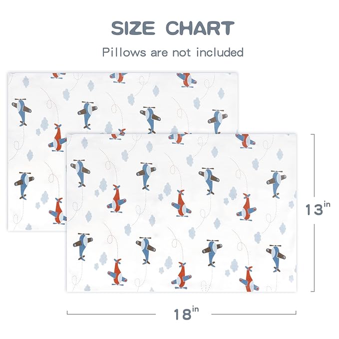 Zenssia Organic Cotton Toddler Pillowcases Pack of 2, 13x18 Inches Travel Pillowcase with Envelope Closure, Soft & Breathable Baby Pillow Case Cover, Airplane