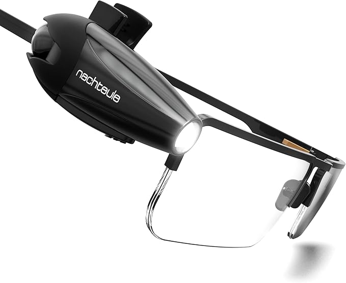 Nachteule Rechargeable Reading Light for Glasses, Headphones or Headband (Included). LED Book Light. Award Winning Clip-on Design Made in Germany. Complimentary Protective Case Included