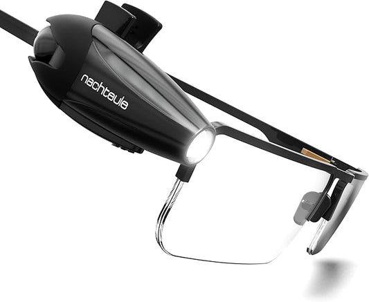 Nachteule Rechargeable Reading Light for Glasses, Headphones or Headband (Included). LED Book Light. Award Winning Clip-on Design Made in Germany. Complimentary Protective Case Included