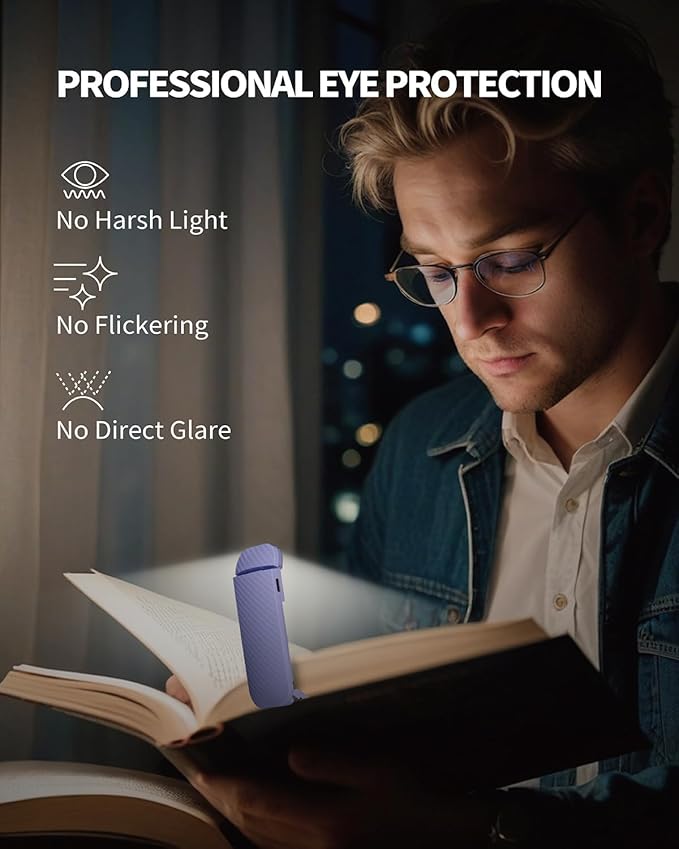 HEMONNKAM Book Reading Light, 2 Pack Rechargeable Clip on Booklight, Eye Caring 3 Color Temperatures & 5 Brightness Levels, Night Use for Bed, Long Lasting, Reading at Night in Bed, Purple+Light Blue