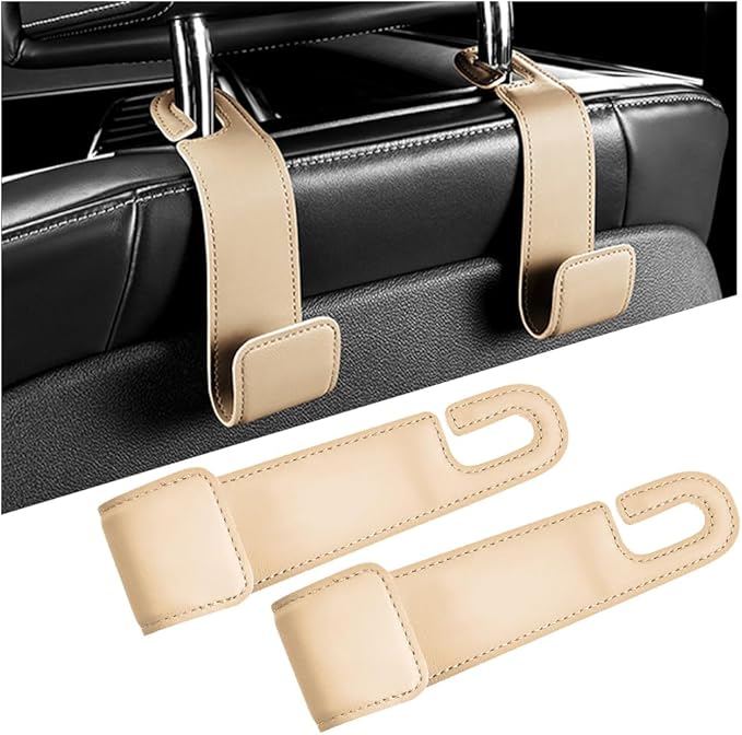 2PCS Car Seat Headrest Hook, Leather Vehicle Seatback Organizer Hanger for Hanging Purses Bags Coats, Auto Seat Back Storage Hook Accessories, Universal for SUV, Sedan, Truck (Beige)