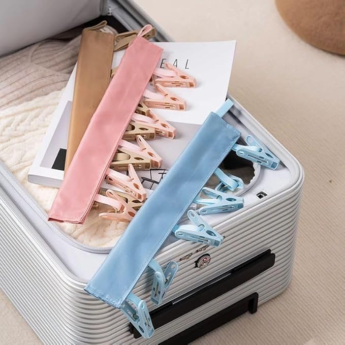 Portable Foldable Clothes Hanger Clip Strip with 6 Plastic Clips, Travel Laundry Drying Rack Accessory,2 Packs，Random Color Pink/Blue/Grey