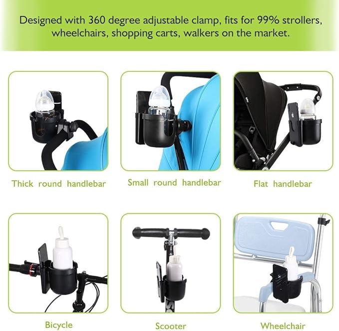 Accmor Stroller Cup Holder with Phone Holder, Bike Cup Holder, Universal Cup Holder for Uppababy Nuna Doona Strollers, 2-in-1 Cup Holder for Walker, Wheelchair, Scooter